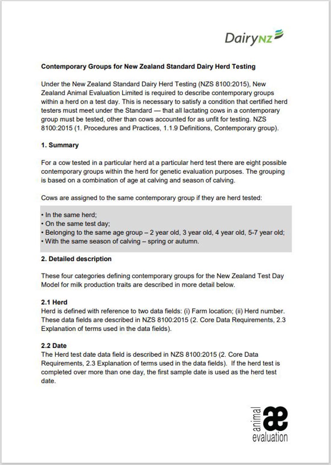 Contemporary Groups For NZ Standard Dairy Herd Testing Image