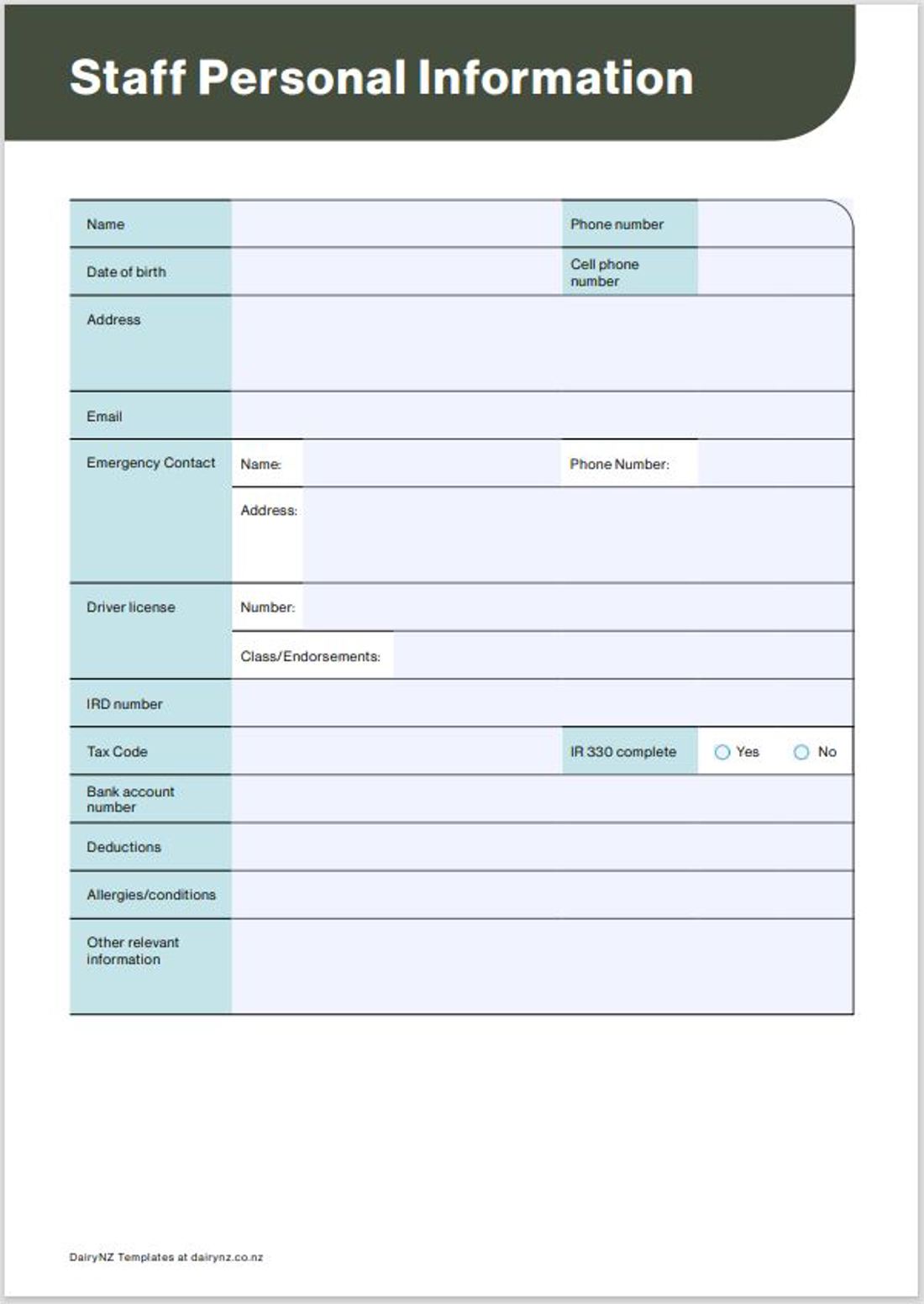 Staff Personal Information Template Image