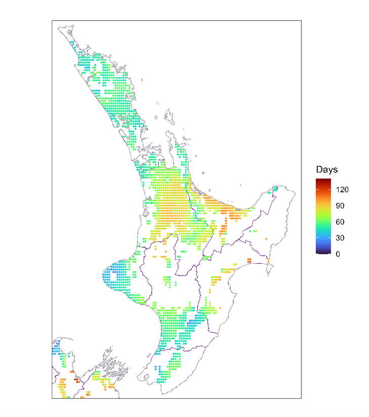 Average number of days a year that dairy cows are at risk of heat stress across New Zealand - South Island